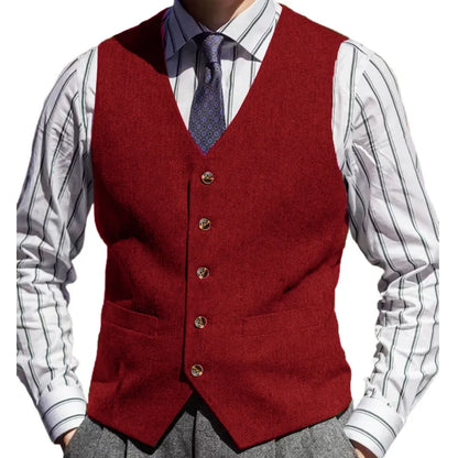 Men Vest Brown Herringbone Solid Color V Neck Waistcoat For Wedding Business Banquet Work Formal Daily Casual Men Suit Vest