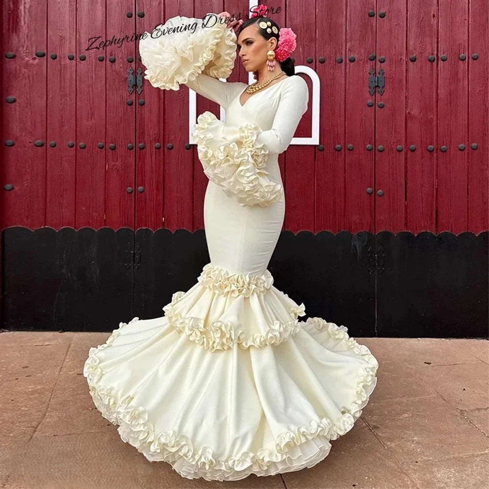 Customized Mermaid Jersey Backless Evening Dress Exquisite V-Neck Long Sleeves Prom Dresses Elegant Tiered Organza Party Gowns