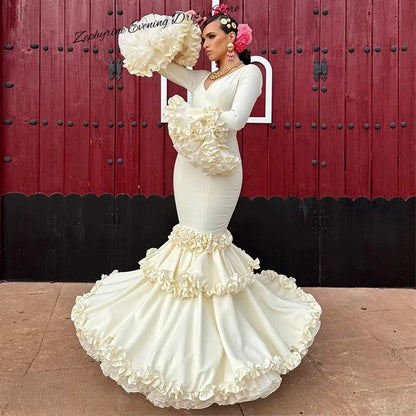 Customized Mermaid Jersey Backless Evening Dress Exquisite V-Neck Long Sleeves Prom Dresses Elegant Tiered Organza Party Gowns