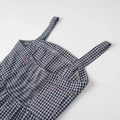 Plaid Slip Long Dress Woman Embroidery Ruffle Summer Dresses 2025 Sleeveless Beach Holiday Dress Women Casual Midi Dresses