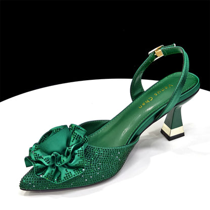2025 Elegant Shiny Green Handbag & Medium Heel Shoe Set with Exquisite Handmade Floral Accents for Weddings & Parties