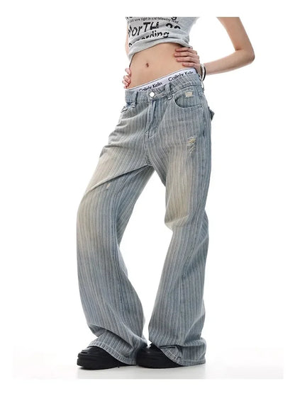 2025 Retro American Waed Striped Hole Denim Jeans Loose High Street Micro Flared Cleanfit Casual Long Trousers for Men And Women