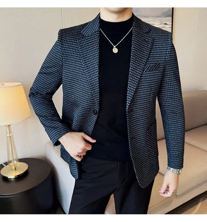 Men's Elegant Grid Suit Jacket 2026 Spring New Fashion Slim Blazer Jackets Social Prom Dress Jacket Men's High Quality Clothing