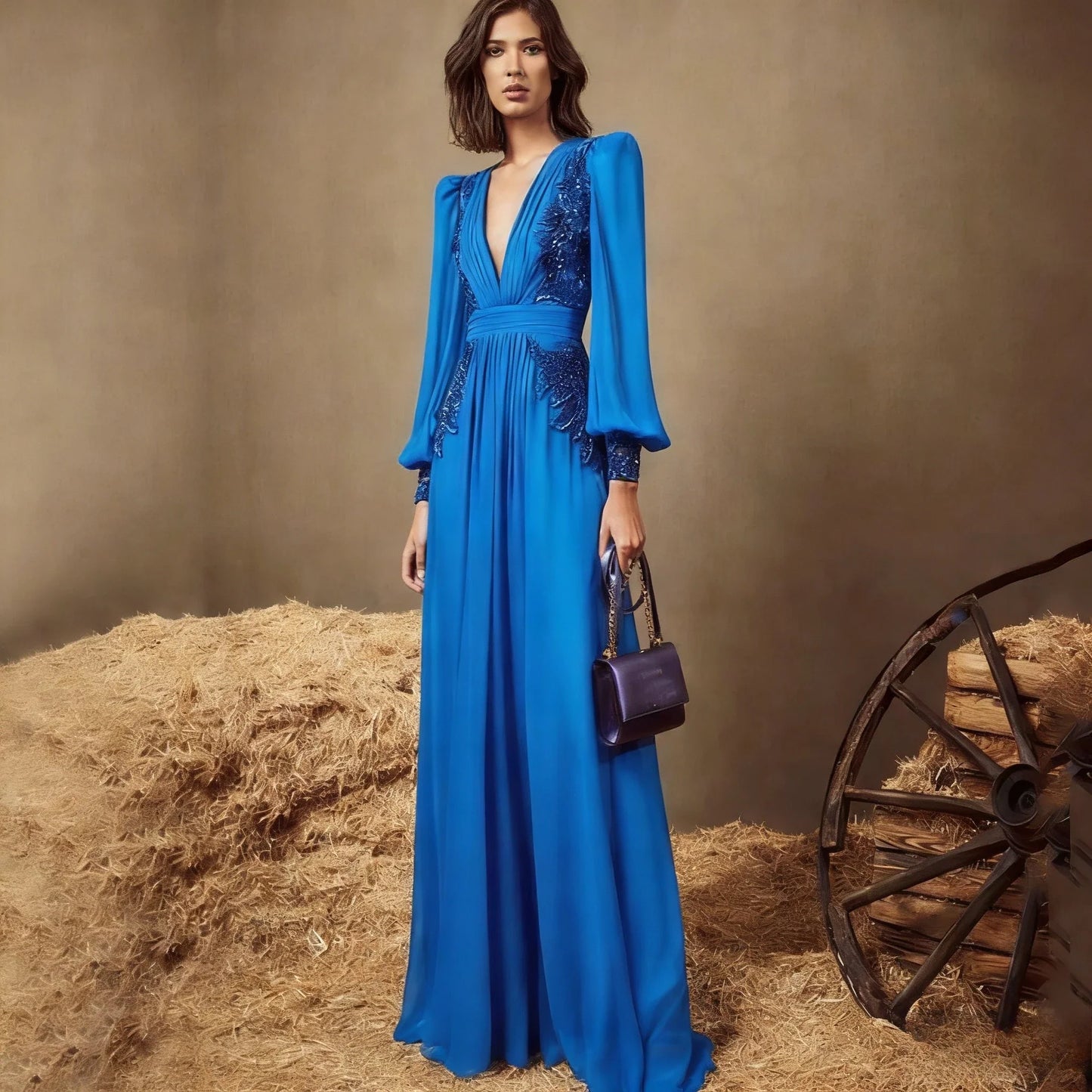 Dark Purple V Neck Long Sleeve Evening Dress Chiffon Pleated Applique Floor Length Beach Party Banquet Women Customized Gown