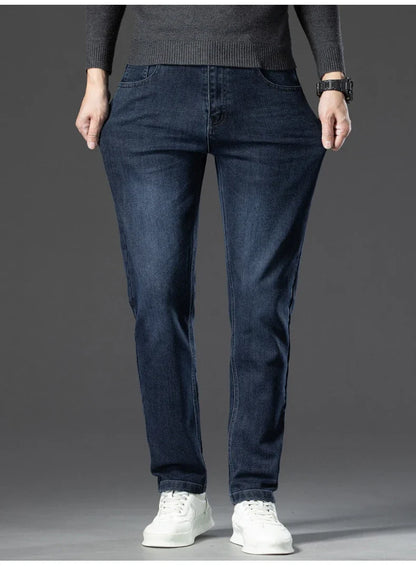 Winter Classic Business Men's Fleece Warm Jeans Straight Stretch Casual Thicken Denim Trousers Washed Fashion Velvet Male Pants