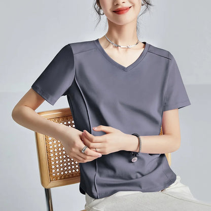 Summer Women's White Mercerized Cotton T-Shirt | 3D Stitching Round Neck Basic Top | Plus Size Slim Fit Layered Casual Blouse