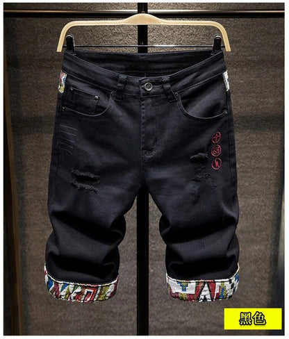 New Summer Fashion Trend Ripped Straight Tube Printed Denim Shorts Men's Casual Loose Comfortable Sports High Quality Pants