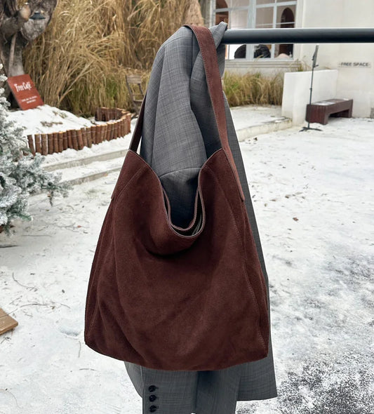 2025 Women's Frosted Leather Tote Bag Large Capacity Soft Suede Bucket Handbag Lady Minimalist Underarm Hobo Shoulder Bag