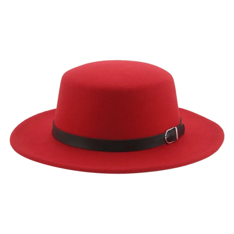 Felted Men Hats Solid Flat Top Belt Band Classic Simple Fedora Hats Khaki Camel Black White Red Casual Formal Dress Winter Hats