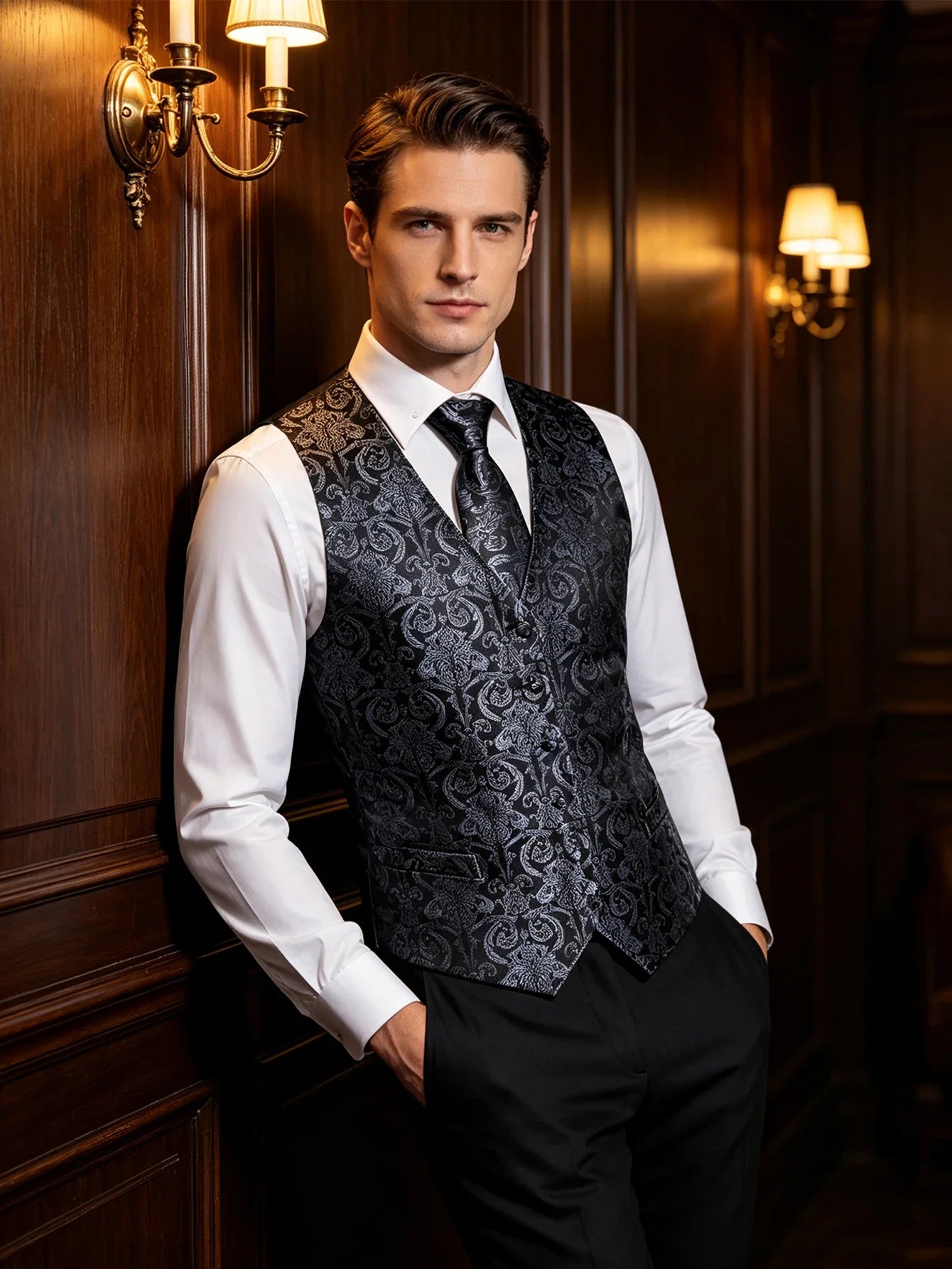 Black Silver Vintage Pattern Vest Matching Set Tie Pocket Square Cufflinks For Formal Business Conference