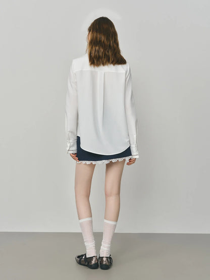 Summer 2025 Heavy Embroidery Blouse - Lace Panel Long Sleeve Relaxed Fit Women's Casual Top