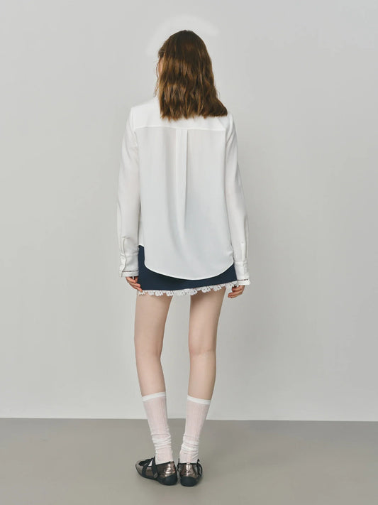 Summer 2025 Heavy Embroidery Blouse - Lace Panel Long Sleeve Relaxed Fit Women's Casual Top