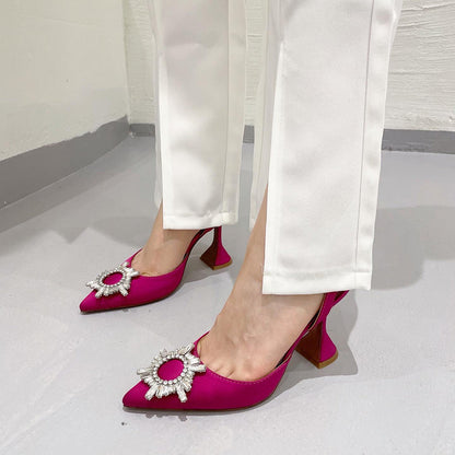 Aneikeh Brand Women Silk High Heels Luxury Crystal Butterfly Knot High Heels Summer Pointed Shoes Triangle Heeled Bride Pumps