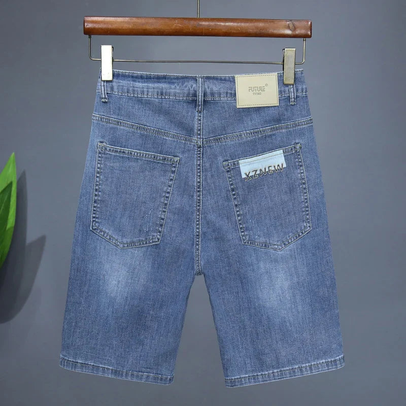 Summer Thin Men's Embroidered Denim Shorts Fashion Stretch Slim Breathable Straight Jeans Personality Bermuda Short Pants Male