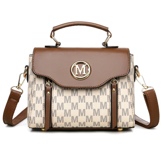 Vintage Women's Tote Bag Stylish PU Handbag Shoulder Bag with Golden Letter "M" Design Detachable Strap Perfect for Everyday Use