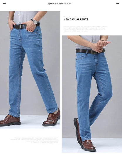2025 New Light Blue Men's Comfort Soft Jeans Fashion Straight Business Pants Cotton Soft Casual Stretch Denim Trousers 28-40