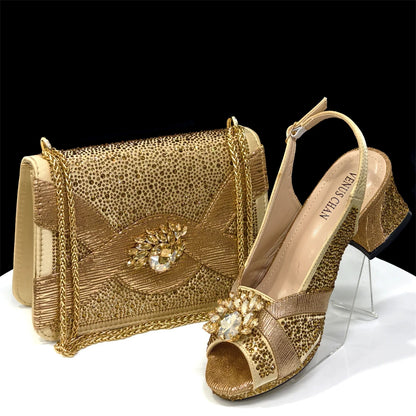 2025 Luxurious Italian Women's Party Shoe and Bag Set – Elegant Black Rhinestone Peep-Toe High Heels Sandals for Weddings