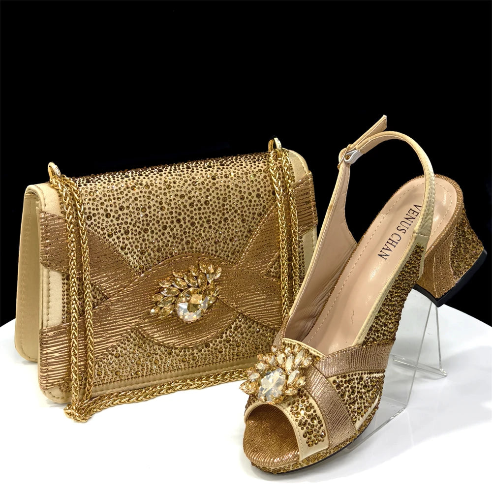 2025 Elegant Women's Peep-Toe Heels & Wine Color Diamond Pumps Set - Chic Italian Footwear & Matching Bags for Parties