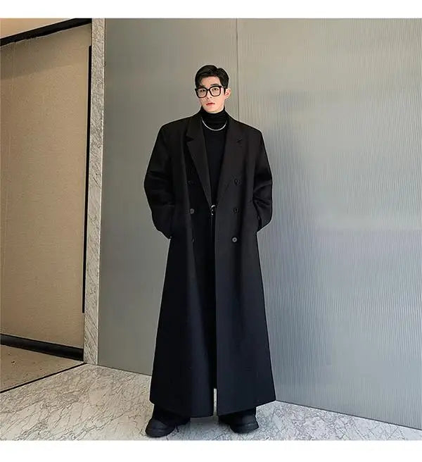 Spring Autumn Extra Logn Black Oversized Flowy Soft Trench Coat for Men with Back High Slit Loose Casual Overcoat