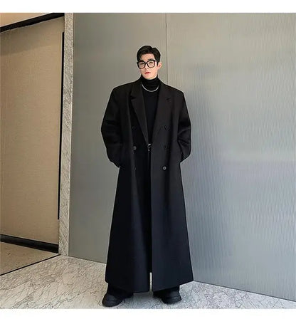 Spring Autumn Extra Logn Black Oversized Flowy Soft Trench Coat for Men with Back High Slit Loose Casual Overcoat