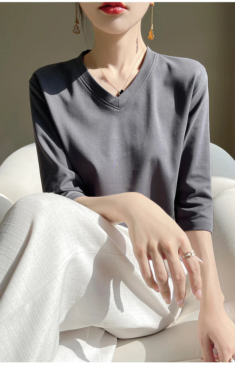 Spring And Summer New Cotton V-neck T-shirt Short-Sleeved Women's Half-Sleeve Bottoming Shirt High-End Cropped Sleeve Top