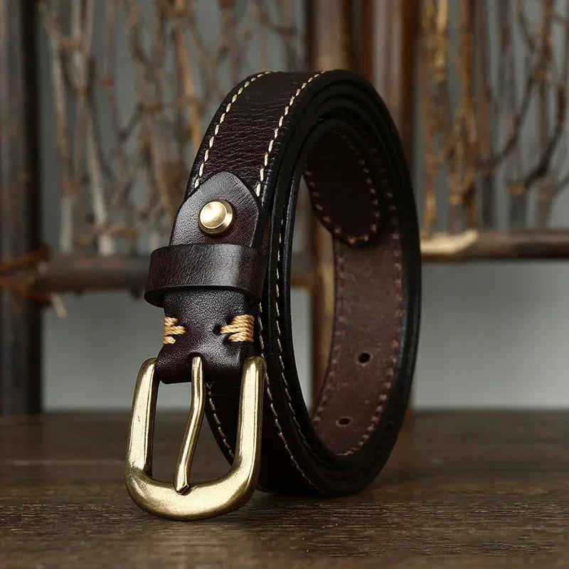 2.4CM Ladies Pure Cowhide High Quality Genuine Leather Thin Belts for Women Copper Buckle Jeans Cowboy Korean Version Female