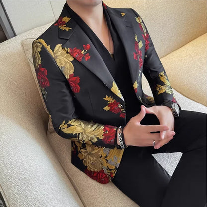 New Men Embroidered Jacquard Slim Fit Casual Suit Jacket Formal Prom Party Stage Costume Man Tuxedo Gentleman Blazers Suit Tops
