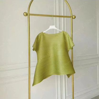 Miyake Irregular Short Sleeve Pleated Top Simple Loose Plus Size with Stretch T-Shirt Vacation Office Clothing Polyester Crepe