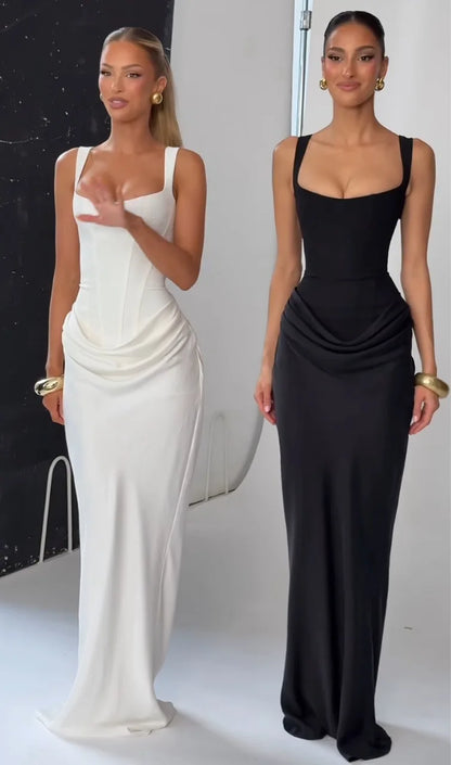White Women's Maxi Dress Elegat Lace Up Dress Slim Formal Wedding Guest Party Dress