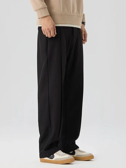 2023 New Autumn Casual Pants Men Korean Fashion Banded Waist Stretch Wide Leg Pleated Suit Slacks Straight Loose Drape Trousers