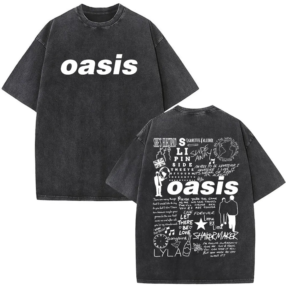 O-Oasis T-Shirts British Rock Band Vintage Washed T-shirt Men Women Clothing Cotton Casual Short Sleeve T Shirts Tops Streetwear