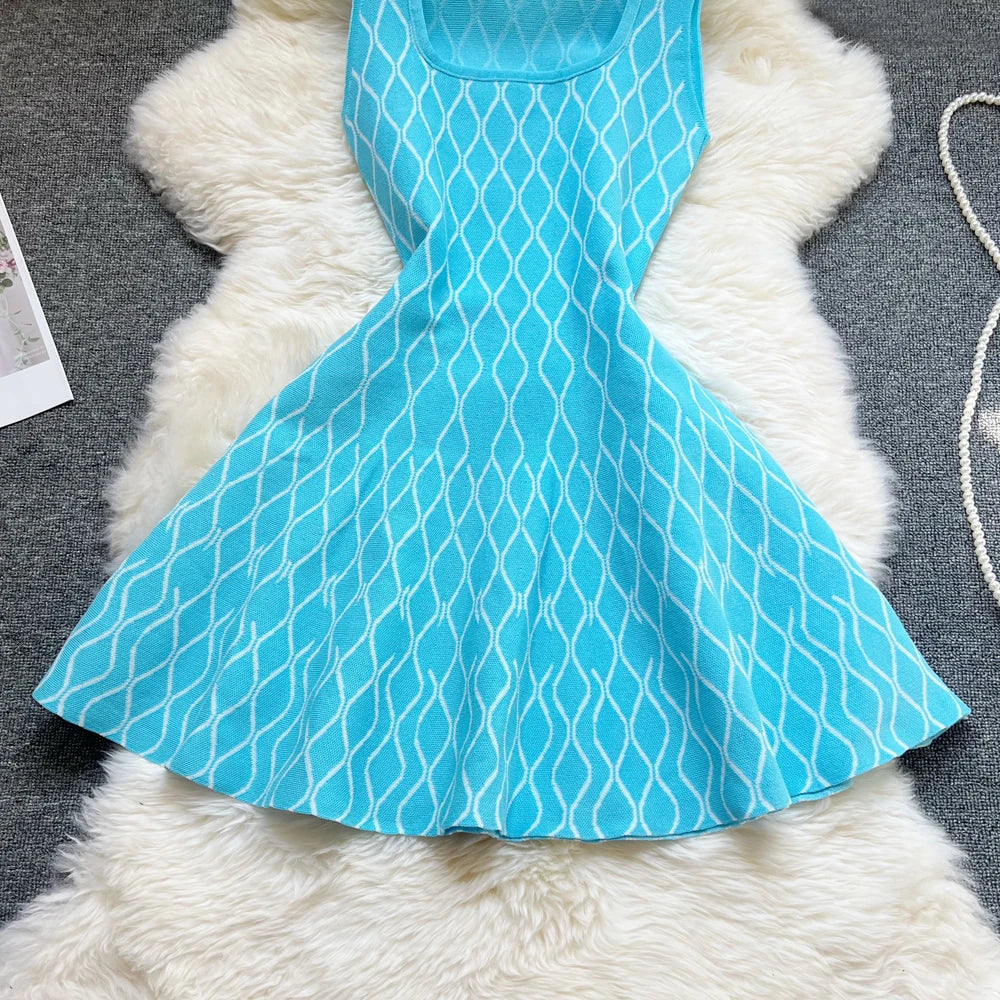 Brand Fashion A-line Short Women Dress Elegant Y2K Geometric Knitted Summer Dress Female Harajuku Black Party Vestidos