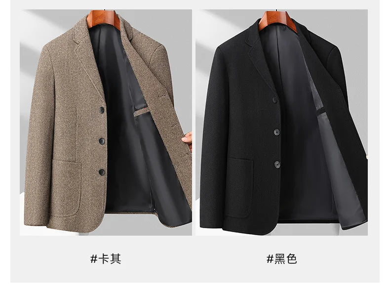 Men's Wool Blazer Herringbone Pattern Casual Business Suit Jacket Comfortable and Stylish Coat