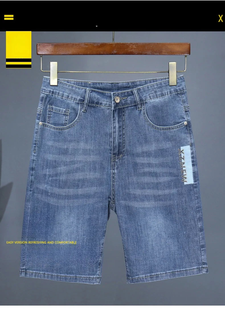 Summer Thin Men's Embroidered Denim Shorts Fashion Stretch Slim Breathable Straight Jeans Personality Bermuda Short Pants Male