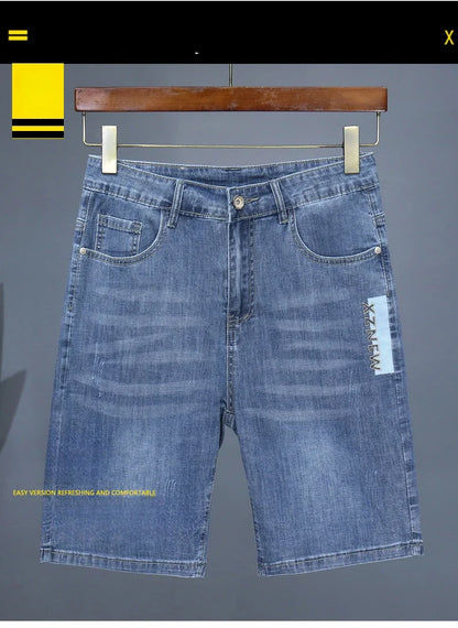 Summer Thin Men's Embroidered Denim Shorts Fashion Stretch Slim Breathable Straight Jeans Personality Bermuda Short Pants Male