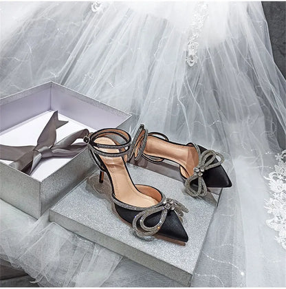 2025 New Fashion Glitter Rhinestones Women Pumps Crystal Bowknot Silk Pointed Toe Buckle Strap Thin High Heels Party Prom Shoes