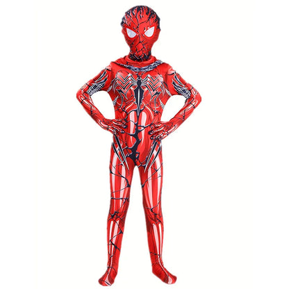 Kids Red  Spider Costume with Mesh Mask Zipper Hooded Jumpsuit for Halloween Party Cosplay Mardi Gras Performance Costume