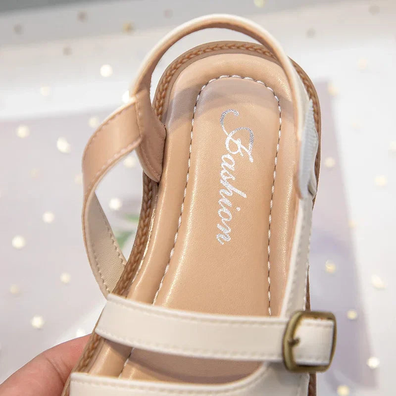 Girls Roman Sandals Open Toe Little Kids Leather Sandals with Buckle Open Toe Children Summer Beach Shoes Non-Slip Soft Sole