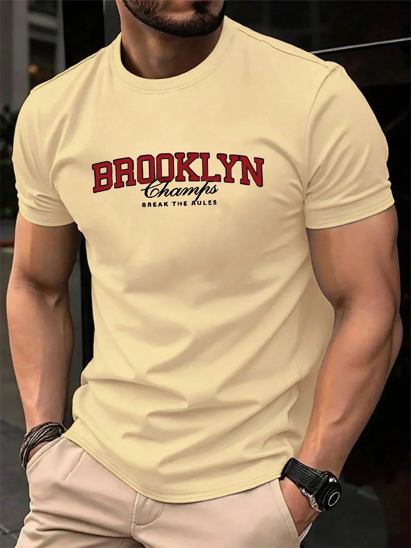 Men's Summer 100% Cotton Fashionable Casual Loose Brooklyn Pattern Printed Sports Round Neck Short Sleeve T-shirt Top