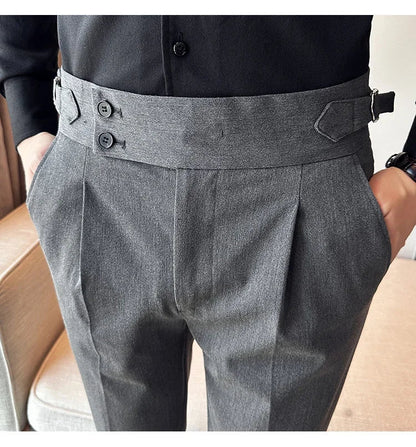 Autumn Winter High Waist Business Dress Pants Men Casual Belt Design Slim Suit Pants Formal Wedding Social Party Male Trousers