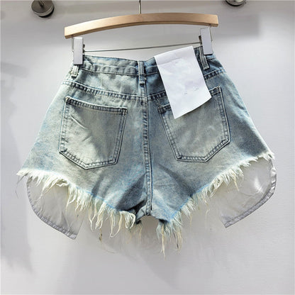 2026 Summer New Women's Pink Hole Denim Shorts High Waist Slimming Spicy Girl A-line Ragged Edge Shorts