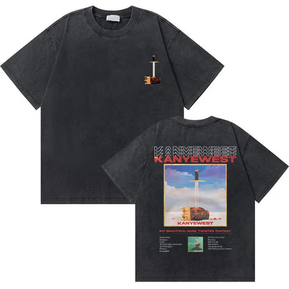 Washed Vintage Rapper Kanye West Graduation Bear Graphic T Shirt Men Pure Cotton T-shirt Men's Hip Hop Fashion Oversized Tshirt