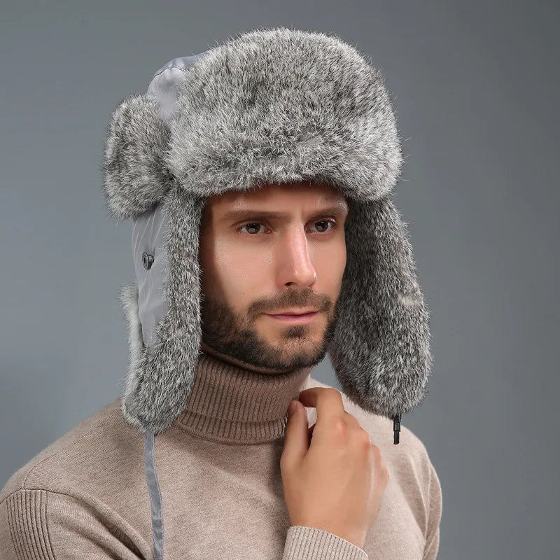 Russia Winter Real fur Hat Unisex Outdoor Windproof Super Warm Real Rabbit Fur Bomber Hats Natural Soft Natural Rabbit Fur Caps