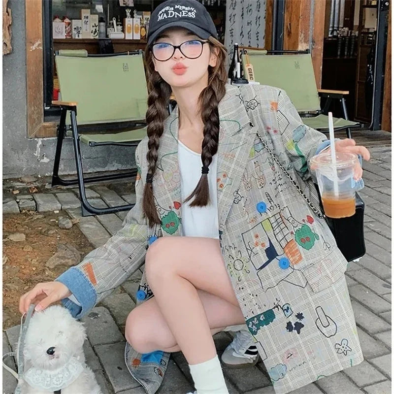 Women's Blazer Jacket 2025 Spring Autumn Fashion Graffiti Printed Ladies Lattice Suit Coat Casual Korean Version Lady Outerwear