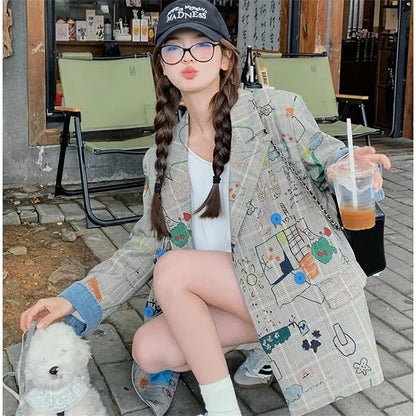 Women's Blazer Jacket 2025 Spring Autumn Fashion Graffiti Printed Ladies Lattice Suit Coat Casual Korean Version Lady Outerwear