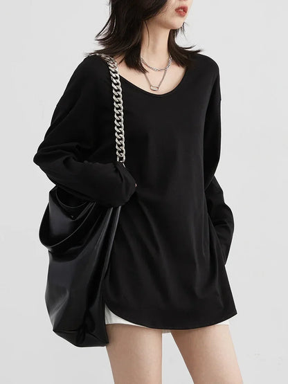 Women T-Shirts Loose Casual U-Neck Long Sleeve Female Tees Split Bottom Woman Top Ladies Clothing Autumn Spring 2023