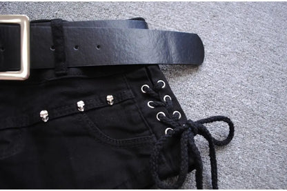 Korean Low Rise Denim Shorts 2024 - Riveted Lace Up Bodycon Black Hot Pants Vintage Cheeky Booty Summer TikTok Y2K Outfit