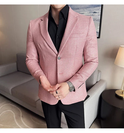 Bright Silk Thousand Bird Grid Suit Jacket Korean-style Business Fashion Slim Fit Single Breasted Men Social Party Dress Coats