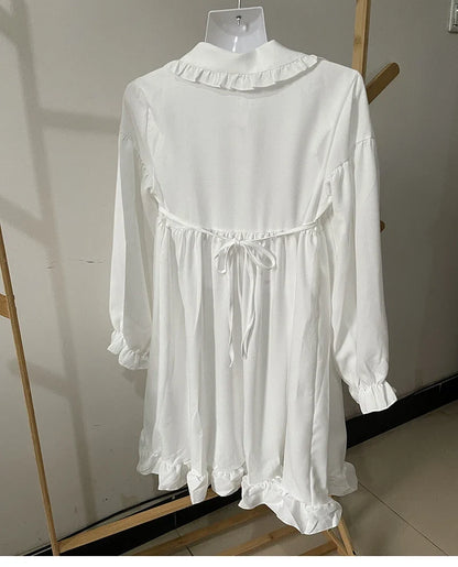 Japanese Sweet Girl Lolita Dress White 2021 Summer Kawaii Peter Pan Collar Cute Ruffle Puff Sleeve Drees Elegant Lady Dresses