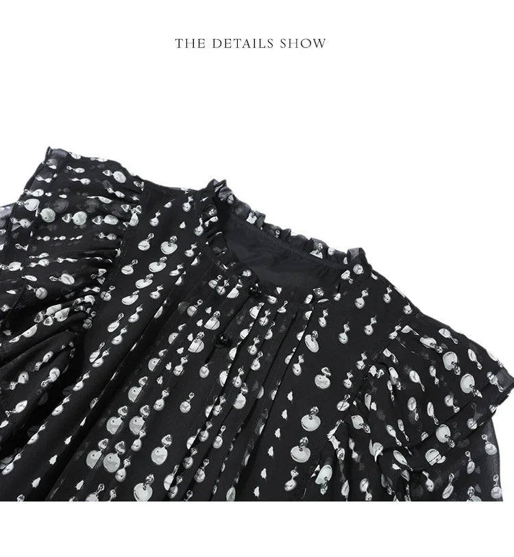 2024 Sweet Printed Stand up Collar Shirt Autumn Edition Gentle Bubble Sleeves Non Elastic Women's Shirt